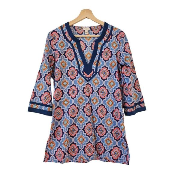 J Crew Womens Blue Tunic Top Blouse V-Neck 3/4 Sleeve Geometric Cover Up XS - Picture 1 of 10